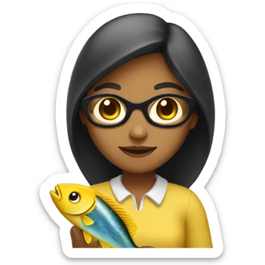 a yellow skin girl is holding a fish sticker