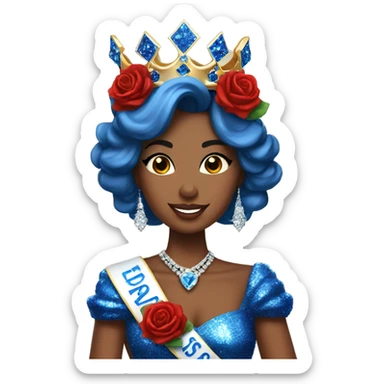 Miss Massachusetts wearing a crown and blue sparkly dress holding red roses sticker