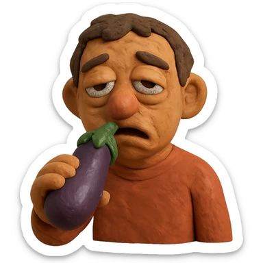 claymation style tired face holding eggplant to mouth sticker