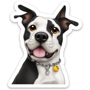 Un staffi noir et blanc avec des tache de brunger sur c'est patte arrière avec un collier ver se nomment ugette sticker