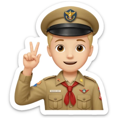 smiling boy scout in uniform giving a three-finger salute sticker