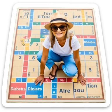 journey on a game board about Type 1 diabetes and aging with pretty footpaths in a countryside, no roads (hospital, places to live, advocacy, physical changes, to share knowledge and ways of coping, energetic with text: T1D to 100 and subtext Aging with Type 1 diabetes, easy for seniors to see sticker