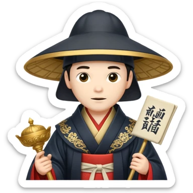 Samurai lord, Elegant noble in long robes with tall hat, holding a scroll of orders. sticker