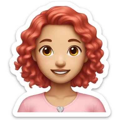 Asian girl, bright smile, red long hair and a little bit curly, pretty bright skin, wearing diamond bud earrings, a heart shape necklace and pink pastel shirt  sticker