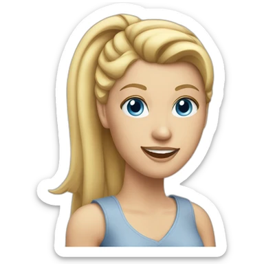 a blond woman with ponytail blue eyes and a mac computer sticker
