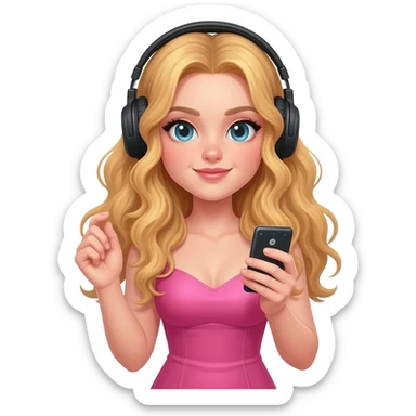 girl blonde long hair in pink dress listen to music rock and roll on black headphones with mp3 player and hold on headphones on head with right hand sticker