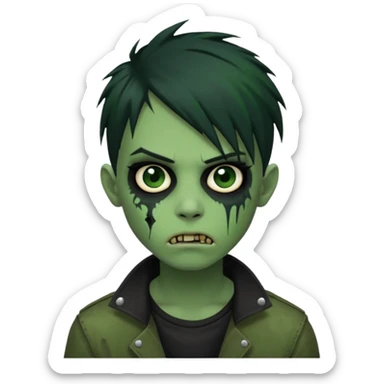  emo zombie black punk hair green skin middle part with cuts on face and closed mouth sticker