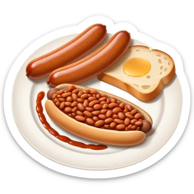 2 sausages with baked beans and a slice of bread, all on a plate sticker