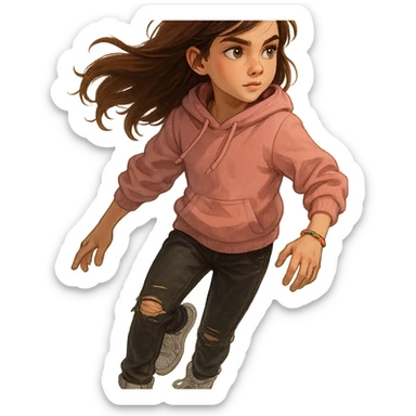 short agile 13-year-old girl with flowing chestnut brown hair, hazel eyes with gold flecks, soft pink hoodie, black ripped jeans, white high-top sneakers, beaded friendship bracelet, brave curious look sticker