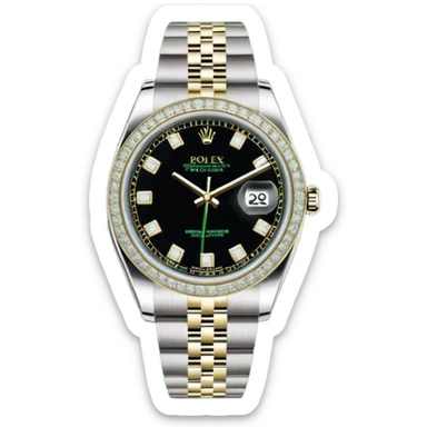 A imagem mostra um Rolex Datejust "Iced Out", totalmente coberto por diamantes na caixa, luneta e pulseira Jubilee. O mostrador também é cravejado (estilo pavé), apresentando algarismos romanos pretos e a lente de data Cyclops. O relógio é exibido em sua caixa oficial verde e bege. sticker