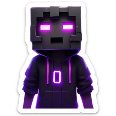 Minecraft Creeper wearing a black hoodie with "OMG" letters on it and VR headset in a cyberpunk VR environment with violet neon lighting. sticker