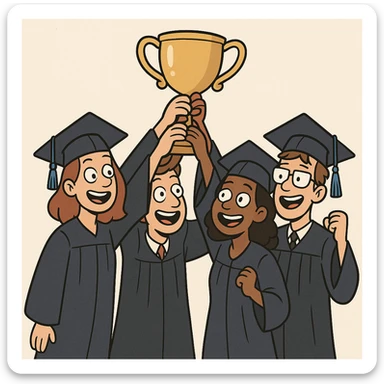 4 étudiants en tenue de remise de diplôme, tenant un trophée en l'air, style dessin animé sticker