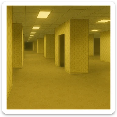 the backrooms, endless yellow rooms, eerie, liminal, ghibli style sticker