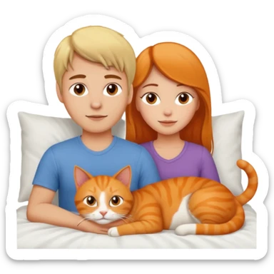 Girl with brown hair and guy with blonde in bed with an Orange cat sticker