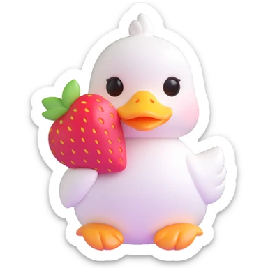 cute white duck with a strawberry-shaped shoulder bag, kawaii 3D style, pastel colors, big shiny eyes, soft lighting, chibi aesthetic sticker