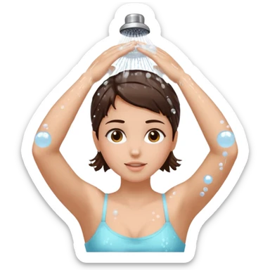 brunette girl hair up arms up hands on head shower washing hair soapy bubbles sticker