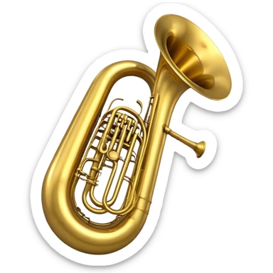 Create a large and bold emoji representing a tuba. The design should feature the tuba’s iconic, large, curved brass body, with its wide bell and tubing wrapping around. Highlight the visible valves and their metal buttons, showcasing the characteristic structure of the instrument. The brass finish should be shiny, with golden tones and subtle reflective light effects to highlight its polished surface. Add soft musical notes or soundwaves emanating from the bell to evoke the deep, resonant sound of the tuba. The background should be transparent. sticker
