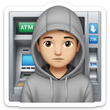 scammer in a hoodie near ATM sticker