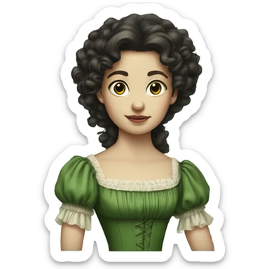 Long dark curly hair, wearing a green dress from the 1800’s, pale skin sticker
