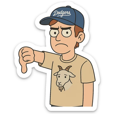 young man with a goat t-shirt, Dodgers hat, giving a thumbs down sticker