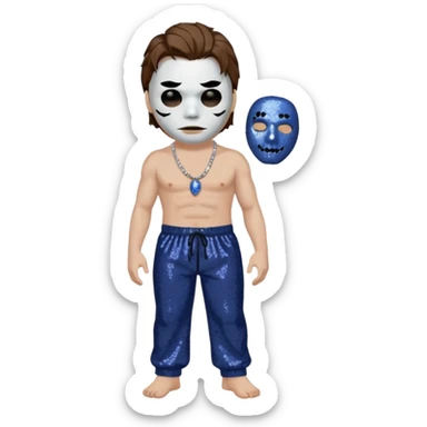 Michael Myers with white mask with brown hair, indigo sequin baggy pants, shirtless with necklace sticker