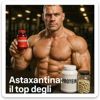 hyper realistic bodybuilder showing red bottle of astaxanthin next to supplements, defined muscles, text 'Astaxantina: il top degli antiossidanti', gym environment, motivational atmosphere sticker