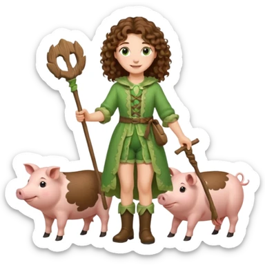 happy young shepard, long curly brown hair, in green magical outfit, with wooden shepard stick in hand, taking care of pigs sticker