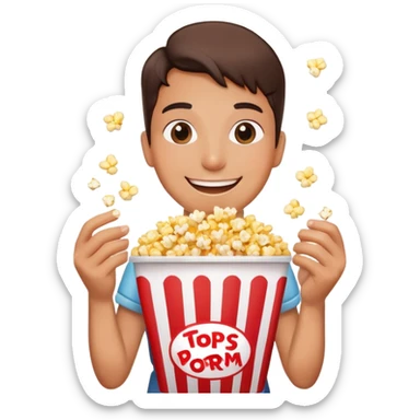 Person watching a movie with a happy face, holding popcorn bucket, cinema lights reflected on face sticker
