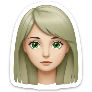 женщина с зелёными глазами, красивыми бровями, серо-бежевыми длинными волосами, с асимметричным пробором, прямой чёлкой, подстриженной каскадом sticker