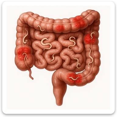 realistic image of human intestine, infographic style, presence of stylized parasites and reddened inflamed zones, anatomical details, white background sticker