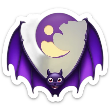 purple and black evil face vampire bat cartoon sparkle eyes wings flying in front of large dripping crescent moon sticker