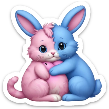 pink cat hugging blue bunny sticker