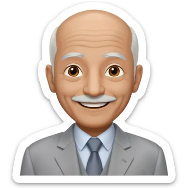 70 yr old man, almost bald, some white hair, pakistani, light grey business suit, big smile, darker skin, no moustache
 sticker