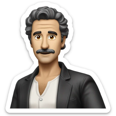 Create an emoji representing Zeki MÜREN, the legendary Turkish singer and artist. Incorporate elements like his iconic hairstyle, stylish clothing, a microphoe, and a stage background. His expressive eyes, glamorous appearance, and a warm sticker