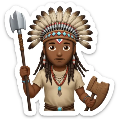 Black American man dark brown with dreads with a American Indian headdress throwing a axe sticker