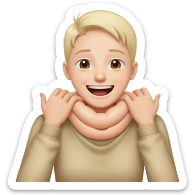 person hands around their neck ckoing themselves while laughing kind adying sticker