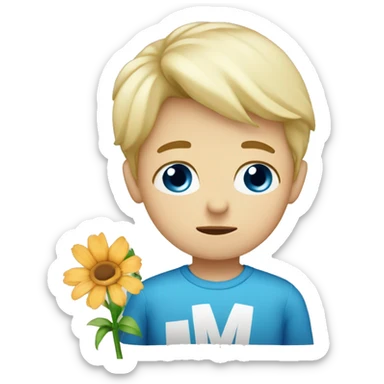 Blonde boy with blue eyes holding flower and sign saying I’m sorry sticker