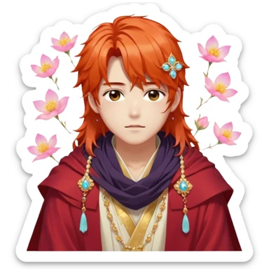 Beautiful gorgeous blushing Korean-Japanese-youthful-elegant-anime guy with beautiful fiery-special-medium-long-hair, fashion aesthetic, ethereal, fairycore, pastelcore, flower petals, crystals, layered robes, toga, cloak scarf, accessories, jewelries, gold, colorful, shiny, trending style, outside sticker