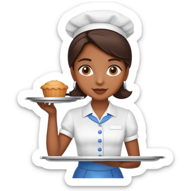 Chica morena de piel trabajando de camarera con bandeja en la mano  sticker