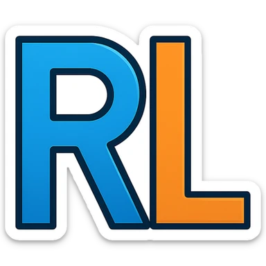 minimalist 'RL' logo with bold geometric sans-serif letters, clean sharp lines, metallic or gradient effect, transparent plain background, modern innovative strong, suitable for tech brand sticker