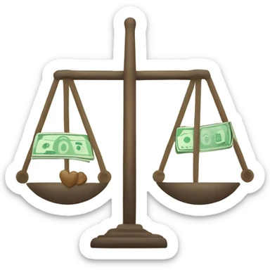 A balance icon with money on one side and a heart on the other side. This visual represents the balance between work and personal life. sticker