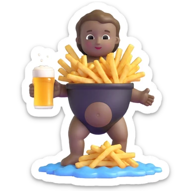 Funny Manneken Pis statue, beer splashing slightly, fries overflowing sticker