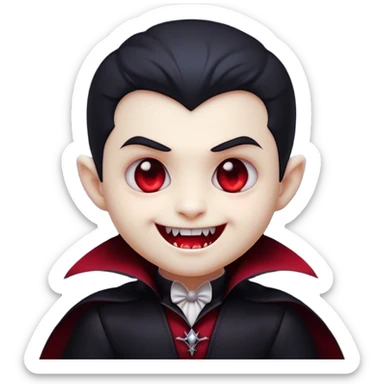 Cinematic Cute Vampire Portrait Emoji, with a refined yet playful small, rounded pale face accented by tiny, cute fangs and bright, twinkling eyes, sporting miniature elegant dark attire with a hint of crimson, simplified yet irresistibly charming, highly detailed with a soft glowing outline that captures the delightful duality of spooky sweetness and stylish allure! sticker