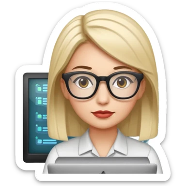 a woman developer in a meeting with others developers, in the background a mainframe computer sticker