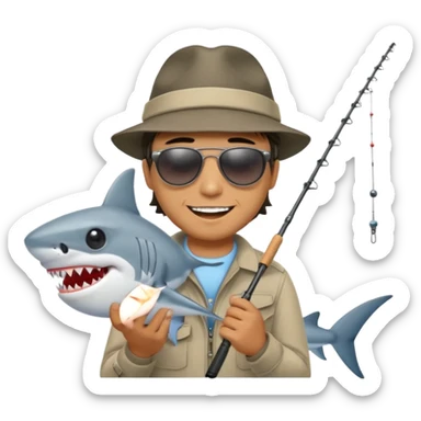 man with a fishing rod and a shark at the end sticker