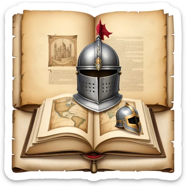 Icon for Historical Fiction Reading: an open book with pages showing ancient scrolls, a quill, a large knight's helmet, bowl and a parchment map. The icon should evoke the adventure and grandeur of historical settings and storytelling. Transparent background. sticker