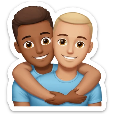 Latino man with big eyes and buzzed head cuddling white boyfriend with great smile sticker