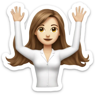 White girl with long brown hair and bangs doing Pilates in a white suit sticker