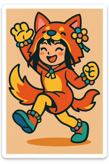 Asian girl in therian costume, playful, dynamic pose, colorful accessories sticker