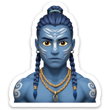 Design a Na’vi male with blue skin, tribal markings, braided hair, sharp eyes & a warrior look. sticker